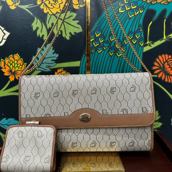 Christian Dior Vintage Honeycomb Canvas Chain Clutch & Coin Purse, 70s-80s - Picture 3 of 9